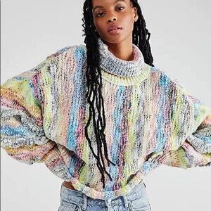 Free People Burst Your Bubble Turtleneck Knit Sweater Confetti Size S NEW Ruffle